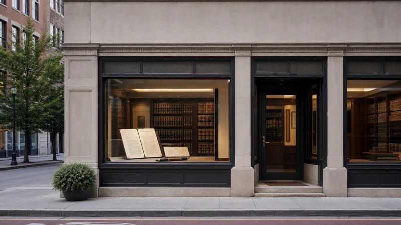 Street view of a classic professional-services building, its window displaying legal documents and a fountain pen with a glimpse of the law-firm library with shelved volumes inside, soft daylight, signage space above for overlaid text