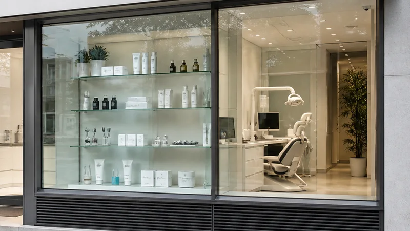 Street view of a modern dental practice entrance, its window displaying dental care tools and products with a glimpse of the clean dental treatment room inside, soft daylight, signage space above for overlaid text