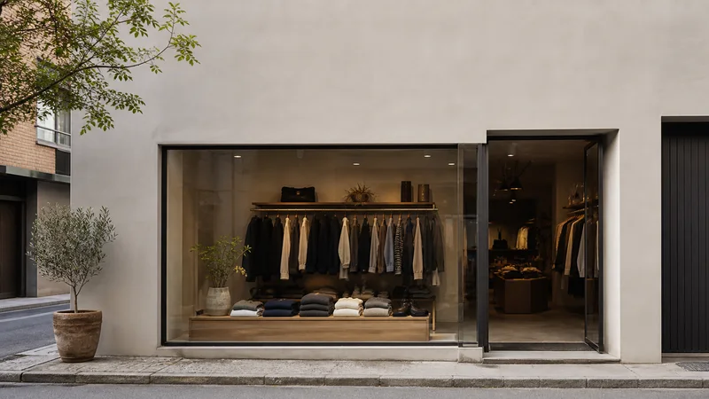 Street view of a boutique clothing storefront, its window displaying folded garments and fashion accessories with a glimpse of the curated clothing rail display inside, soft daylight, signage space above for overlaid text