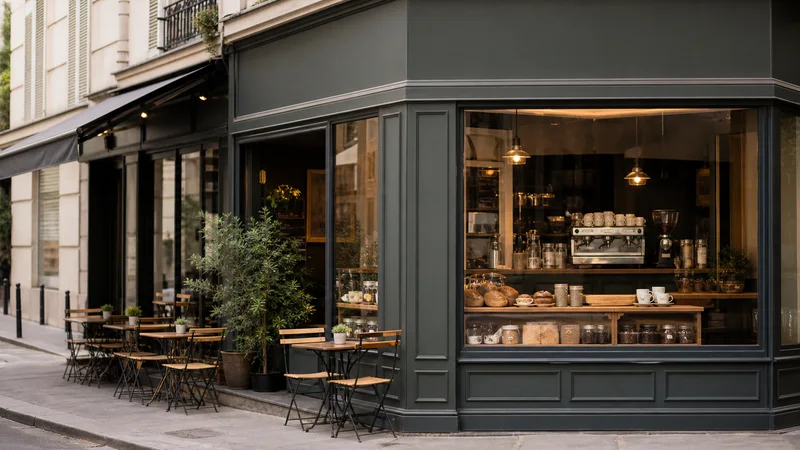Street view of a corner coffee shop with outdoor seating, its window displaying coffee cups, beans and pastries with a glimpse of the cosy cafe counter inside, soft daylight, signage space above for overlaid text