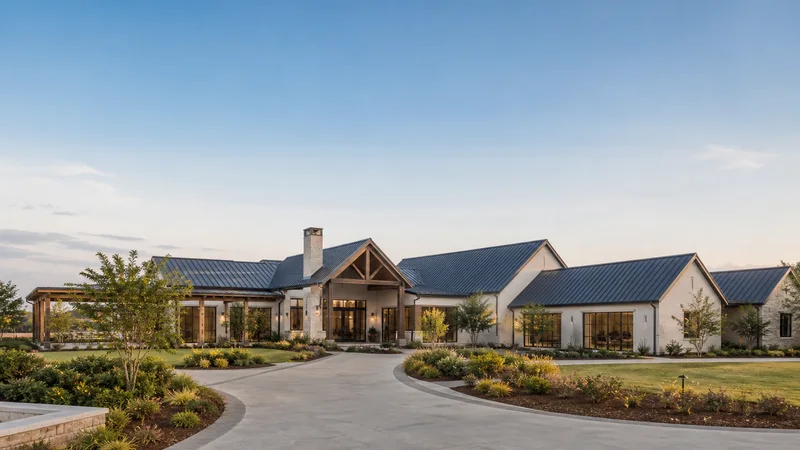 Wide establishing view of a elegant event venue exterior, soft daylight, open sky above for overlaid text