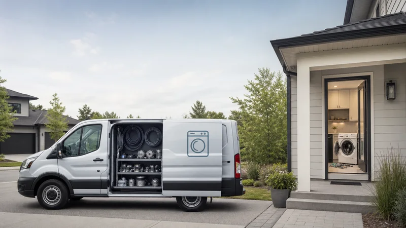 Street view of a appliance-repair van outside a home with a washing-machine logo, its window displaying replacement appliance parts and belts with a glimpse of the kitchen with a washing machine pulled out for repair inside, soft daylight, signage space above for overlaid text