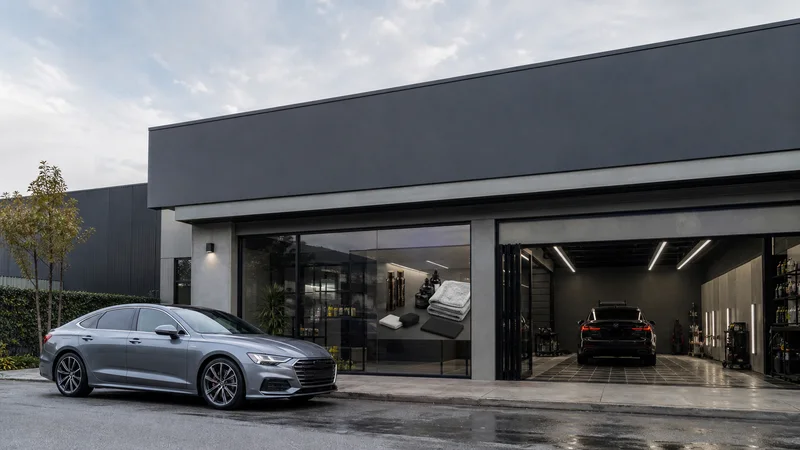 Street view of a auto detailing studio frontage with a gleaming car parked outside, its window displaying ceramic coating kit and applicator flat-lay with a glimpse of the detailing bay with a car under bright work lights inside, soft daylight, signage space above for overlaid text