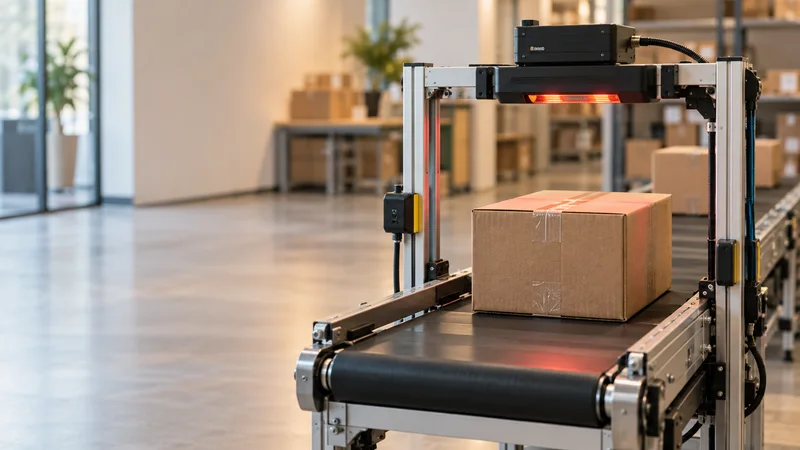 Close, clean detail of the demonstration conveyor segment with a barcode scanning gate, warm interior light, no people in frame
