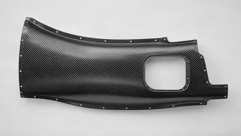 Styled flat-lay of a cured carbon-fibre fuselage panel section on a clean background, soft studio light, generous negative space for overlaid text