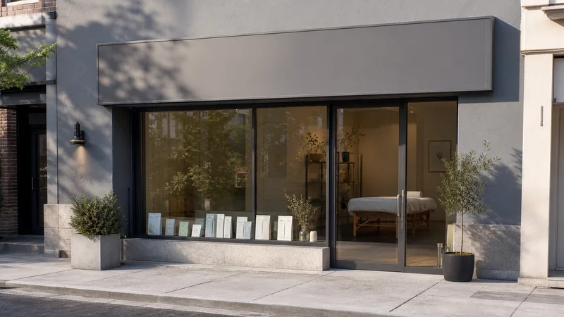 Street view of a acupuncture clinic entrance, its window displaying acupuncture needles in packets with a glimpse of the acupuncture treatment room with padded table inside, soft daylight, signage space above for overlaid text