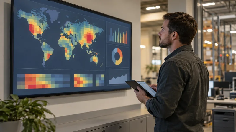 A supply-chain-software integration engineer reviewing a mock-up of an abstract inventory-heatmap screen on a large wall display, warm interior light