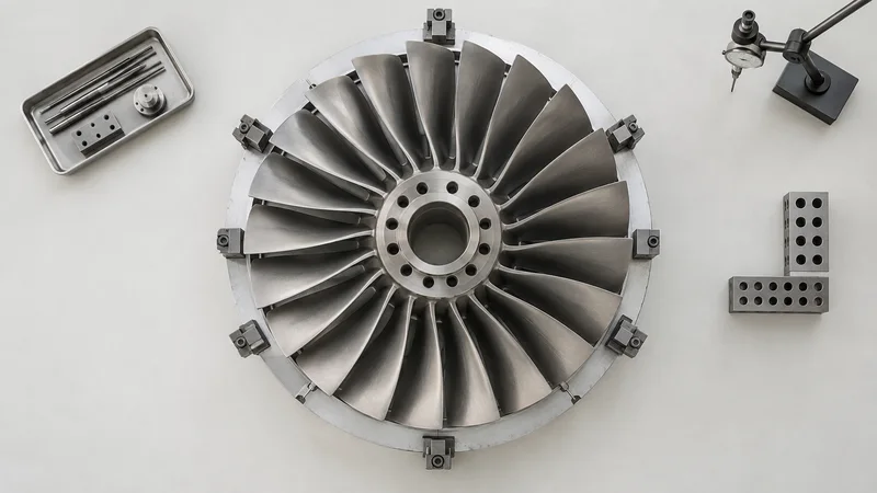 Styled flat-lay of a set of turbofan fan blades in a fixture on a clean background, clean even studio light, generous negative space for overlaid text