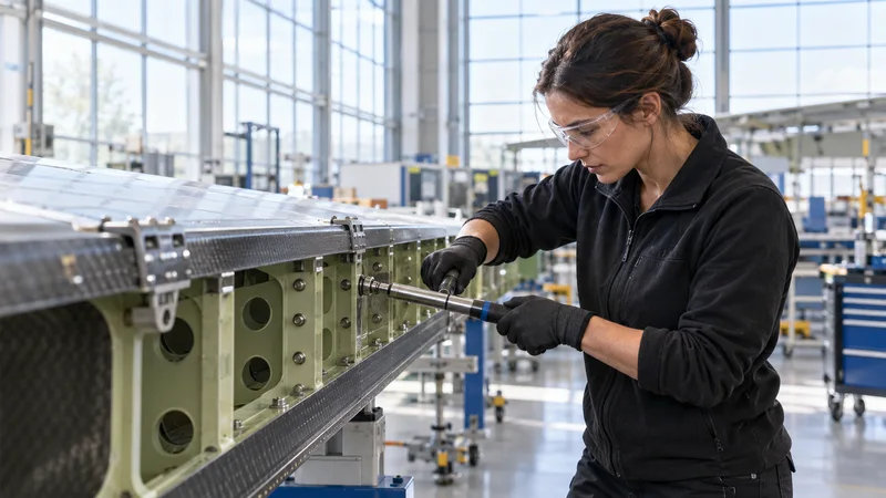 A aerospace composites technician torquing a wing-spar fastener with a calibrated tool, bright daylight through the windows