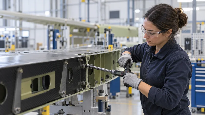 A aerospace composites technician torquing a wing-spar fastener with a calibrated tool, soft even indoor light