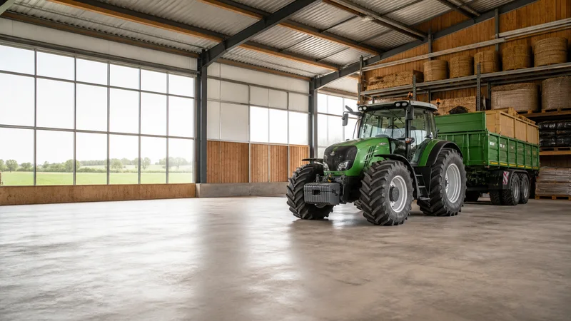 Wide interior view of a modern agricultural equipment barn with no people, bright daylight through the windows, clean uncluttered foreground for text