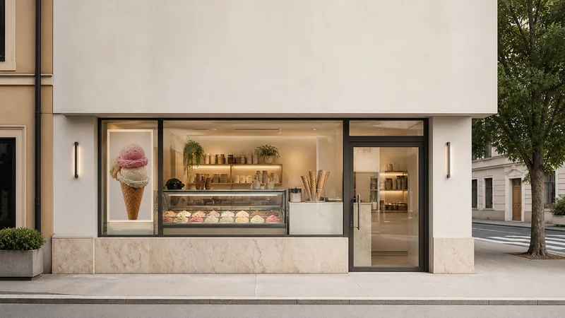 Street view of a creamery and ice cream storefront with gelato-case window display, its window displaying a scooped ice cream cone with a glimpse of the gelato display case and scooping counter inside, soft daylight, signage space above for overlaid text
