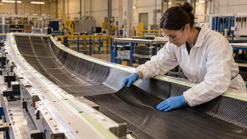 A aerospace composites technician laying carbon-fibre plies into a wing-skin mould, warm interior light