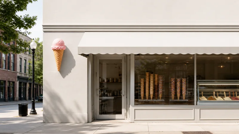 Street view of a ice cream parlour with cone sign and window, its window displaying stacked ice cream cone with sprinkles with a glimpse of the gelato display case with tubs and scoops inside, soft daylight, signage space above for overlaid text