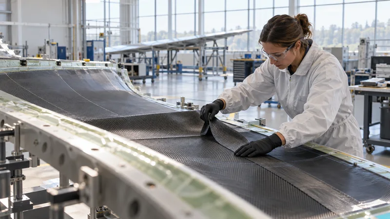 A aerospace composites technician laying carbon-fibre plies into a wing-skin mould, bright daylight through the windows