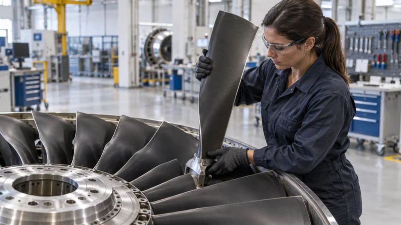 A aerospace composites technician installing a turbofan fan blade into its disc, soft even indoor light