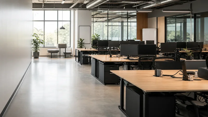 Wide interior view of a open-plan engineering floor with no people, bright daylight through the windows, clean uncluttered foreground for text