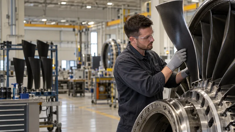 A aerospace composites technician installing a turbofan fan blade into its disc, warm interior light