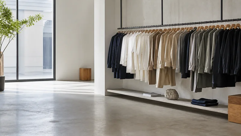 Wide interior view of a curated clothing rail display with no people, bright daylight through the windows, clean uncluttered foreground for text