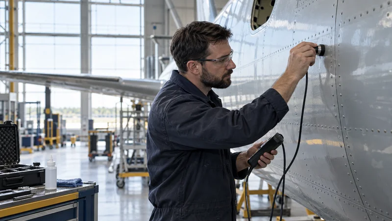 A aerospace composites technician inspecting a riveted fuselage panel with an ultrasonic probe, bright daylight through the windows