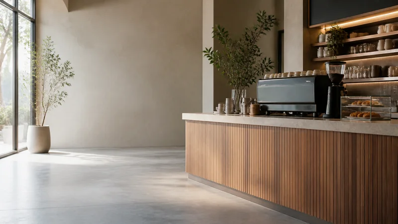 Wide interior view of a cosy cafe counter with no people, bright daylight through the windows, clean uncluttered foreground for text