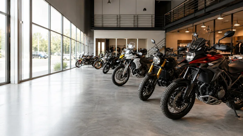 Wide interior view of a motorcycle showroom floor lined with new bikes with no people, bright daylight through the windows, clean uncluttered foreground for text