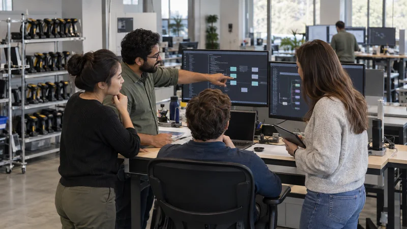 A few supply-chain-software integration engineers working together, open-plan supply-chain-software engineering floor with standing desks and a rack of scan-gun test units in the background, soft even indoor light