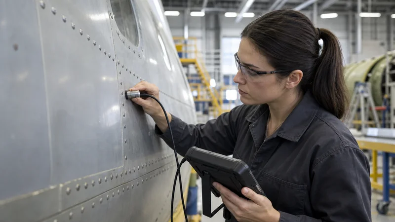 A aerospace composites technician inspecting a riveted fuselage panel with an ultrasonic probe, soft even indoor light