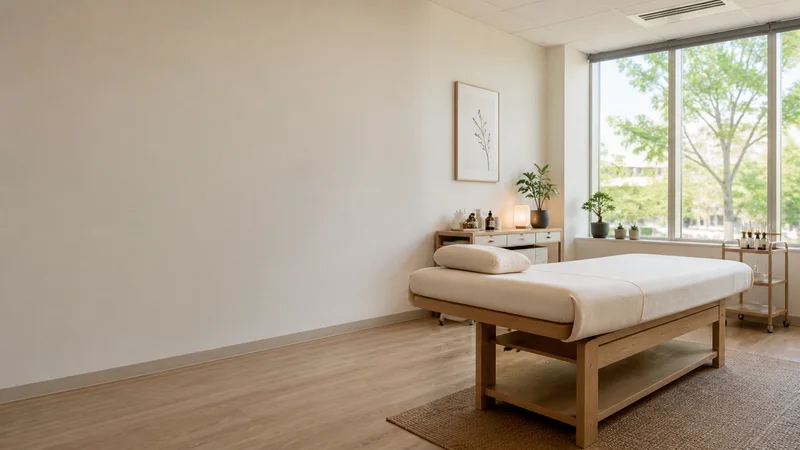Wide interior view of a acupuncture treatment room with padded table with no people, bright daylight through the windows, clean uncluttered foreground for text
