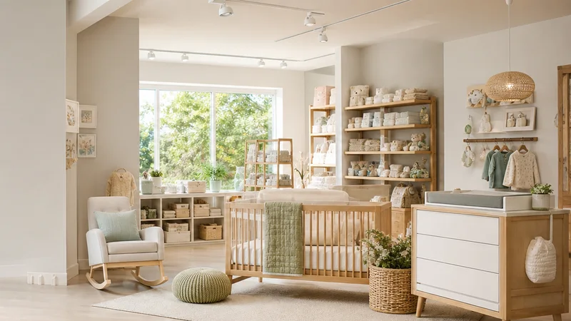 Wide interior view of a bright nursery showroom with no people, bright daylight through the windows, clean uncluttered foreground for text