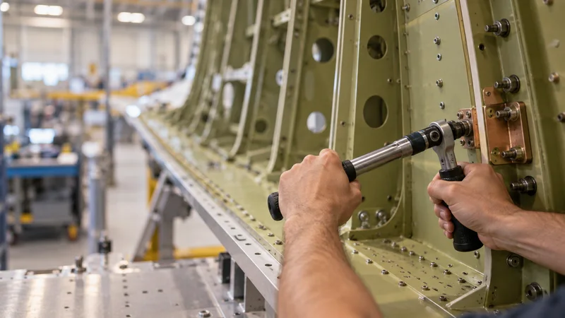 Close-up of hands torquing a wing-spar fastener with a calibrated tool, warm interior light, only naturally framed hands, no faces