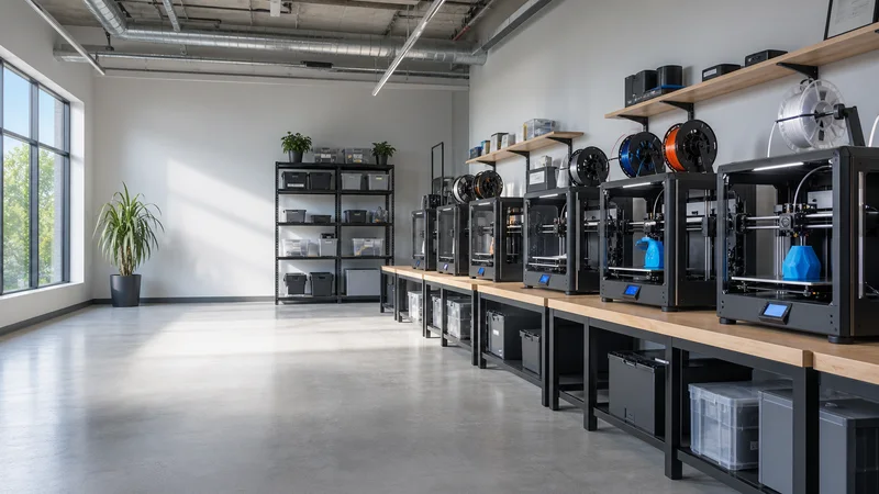 Wide interior view of a room of running FDM 3d printers with no people, bright daylight through the windows, clean uncluttered foreground for text