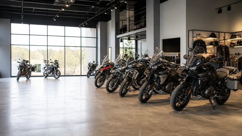 Wide interior view of a showroom of parked motorcycles with no people, bright daylight through the windows, clean uncluttered foreground for text