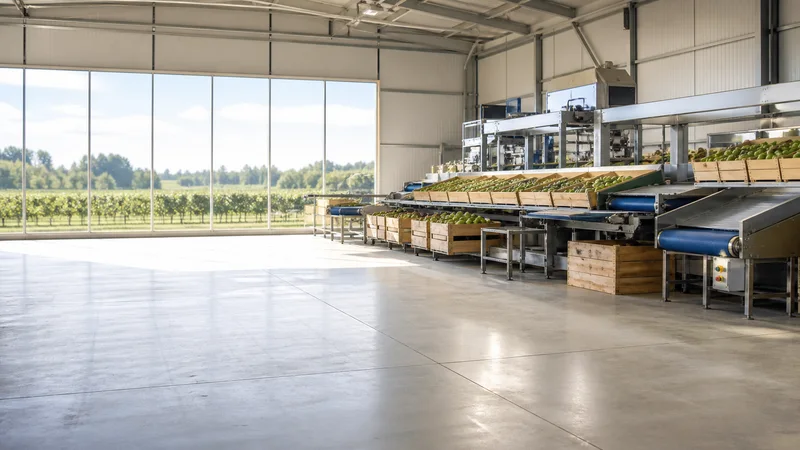 Wide interior view of a produce grading and packing shed with no people, bright daylight through the windows, clean uncluttered foreground for text