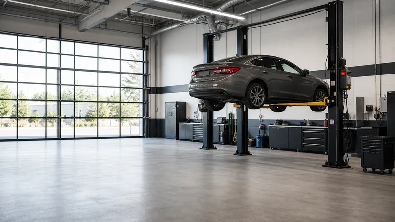 Wide interior view of a clean service bay with a car on a lift with no people, bright daylight through the windows, clean uncluttered foreground for text
