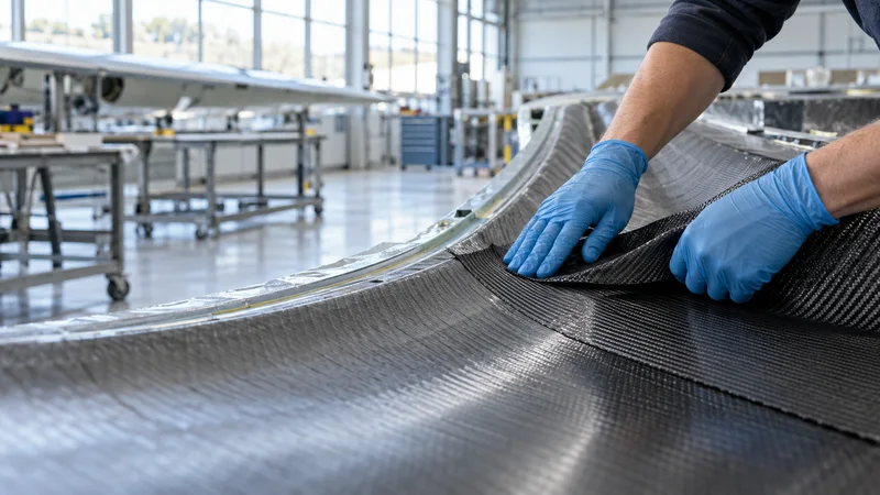 Close-up of hands laying carbon-fibre plies into a wing-skin mould, bright daylight through the windows, only naturally framed hands, no faces