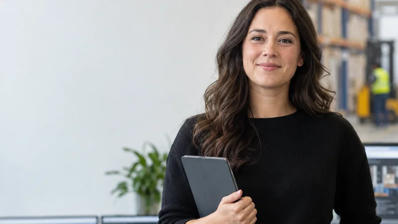 Mid-length portrait of a supply-chain-software product manager, supply chain software, soft even indoor light, plain working backdrop with copy space