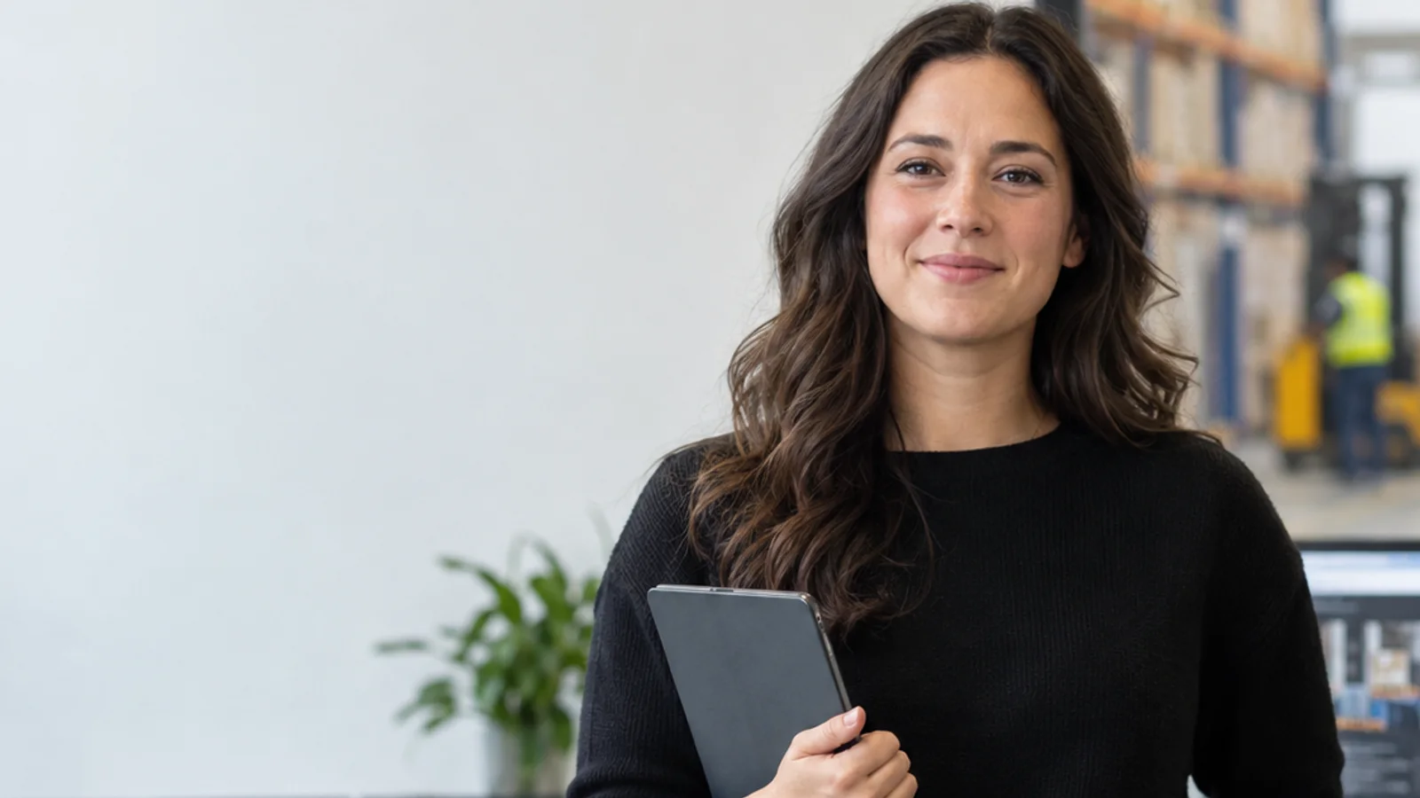 Mid-length portrait of a supply-chain-software product manager, supply chain software, soft even indoor light, plain working backdrop with copy space