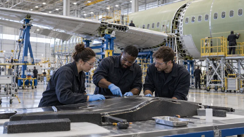 A few aerospace composites technicians working together, final-assembly hall with a wing being joined to a fuselage on jigs in the background, soft even indoor light