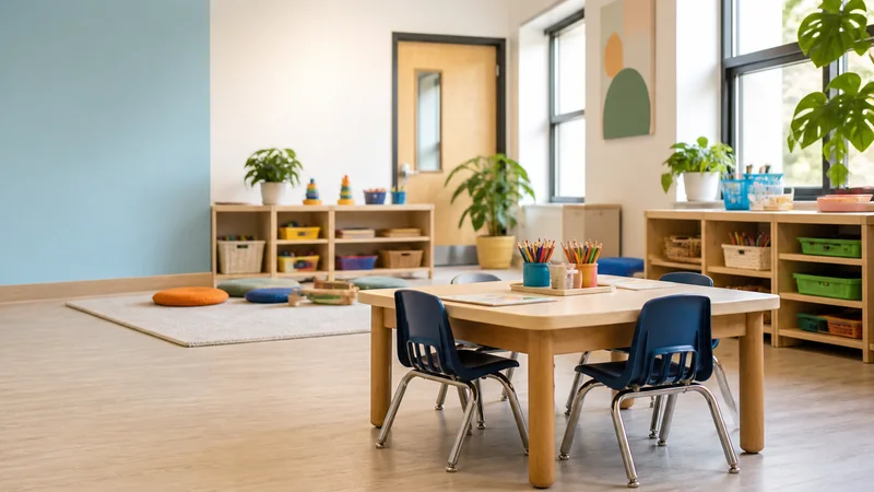 Wide interior view of a colourful preschool classroom with no people, bright daylight through the windows, clean uncluttered foreground for text