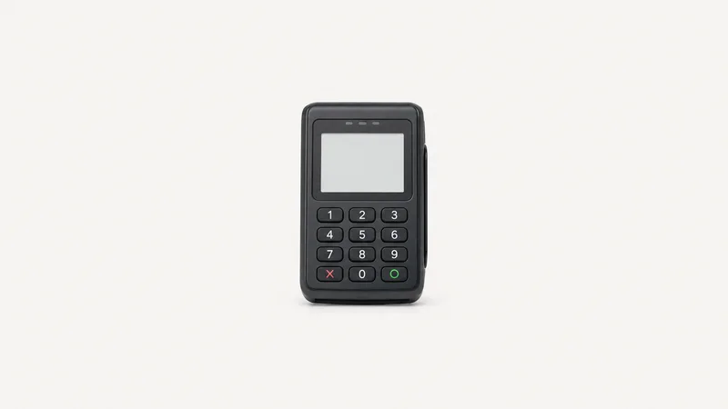 Isolated a contactless card terminal with a blank e-ink display centred on a seamless pale off-white studio background, generous empty margin on every side for overlaid branding