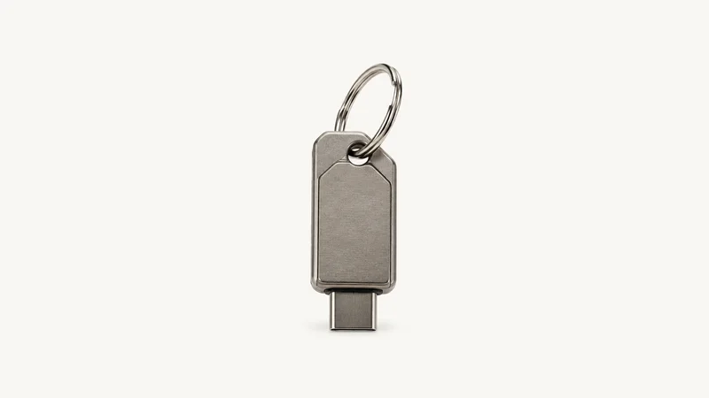 Isolated a titanium hardware security key on a keyring centred on a seamless pale off-white studio background, generous empty margin on every side for overlaid branding