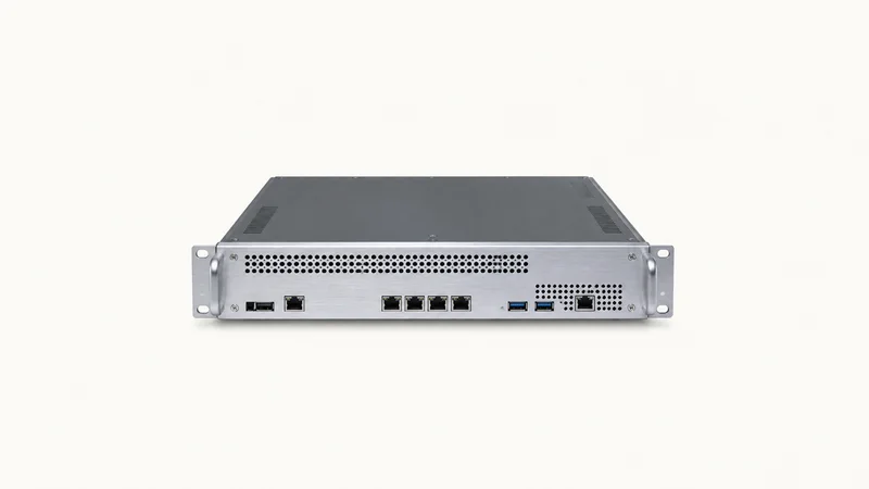 Isolated a mini rack-mount build server with a bare aluminium faceplate centred on a seamless pale off-white studio background, generous empty margin on every side for overlaid branding