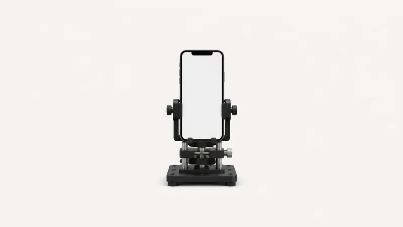 Isolated a phone on a device-testing bracket with a blank screen centred on a seamless pale off-white studio background, generous empty margin on every side for overlaid branding