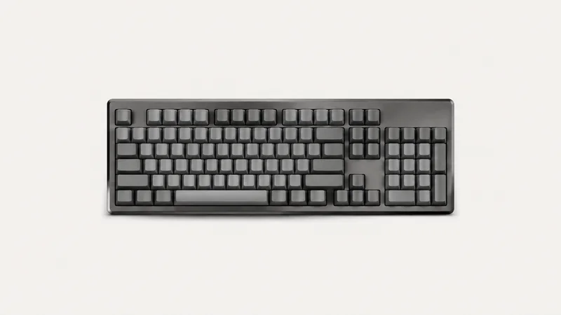 Isolated a mechanical keyboard with blank keycaps centred on a seamless pale off-white studio background, generous empty margin on every side for overlaid branding