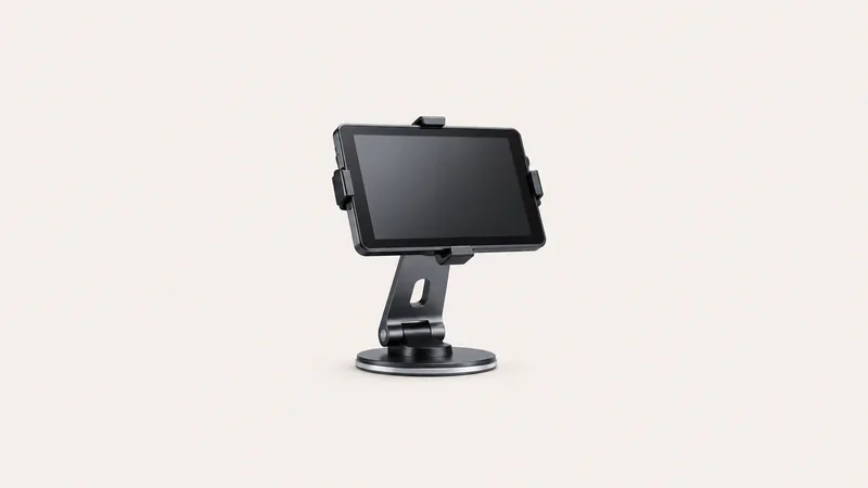 Isolated a tablet point-of-sale stand with a swivel base centred on a seamless pale off-white studio background, generous empty margin on every side for overlaid branding