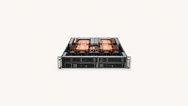 Isolated a rack-mounted GPU accelerator node with copper heatsinks centred on a seamless pale off-white studio background, generous empty margin on every side for overlaid branding