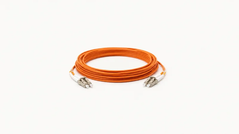 Isolated a coil of orange fibre-optic patch cable with LC connectors centred on a seamless pale off-white studio background, generous empty margin on every side for overlaid branding