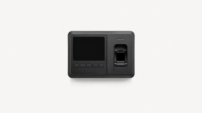 Isolated a wall-mounted biometric time-clock terminal with a fingerprint reader and blank screen centred on a seamless pale off-white studio background, generous empty margin on every side for overlaid branding