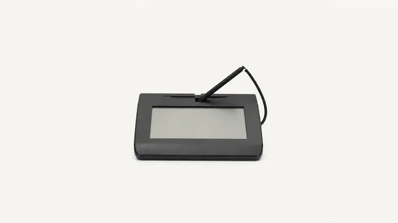 Isolated an e-signature pad with a tethered stylus and a blank signing area centred on a seamless pale off-white studio background, generous empty margin on every side for overlaid branding